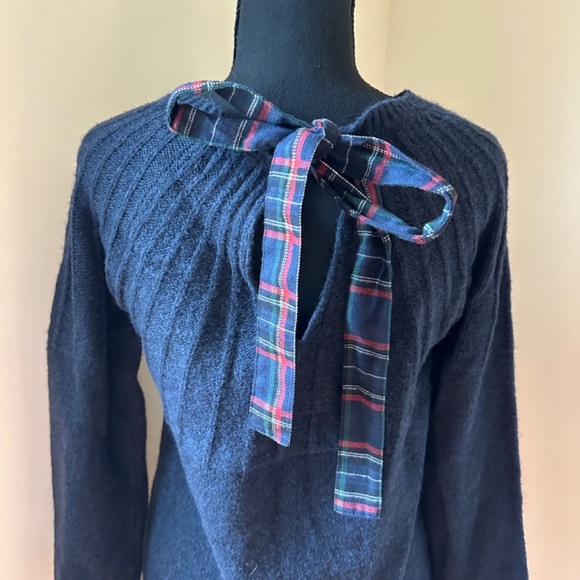 **BLUE RAIN* Blue x Red Long Sleeve x Plaid Tie-Back Sweater Dress Size Small - Picture 5 of 7